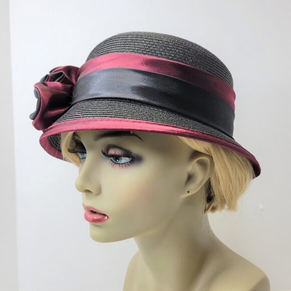 Dress Hat Adjustable in Red and Black with Satin Flower Rosette One Size - Picture 8 of 15